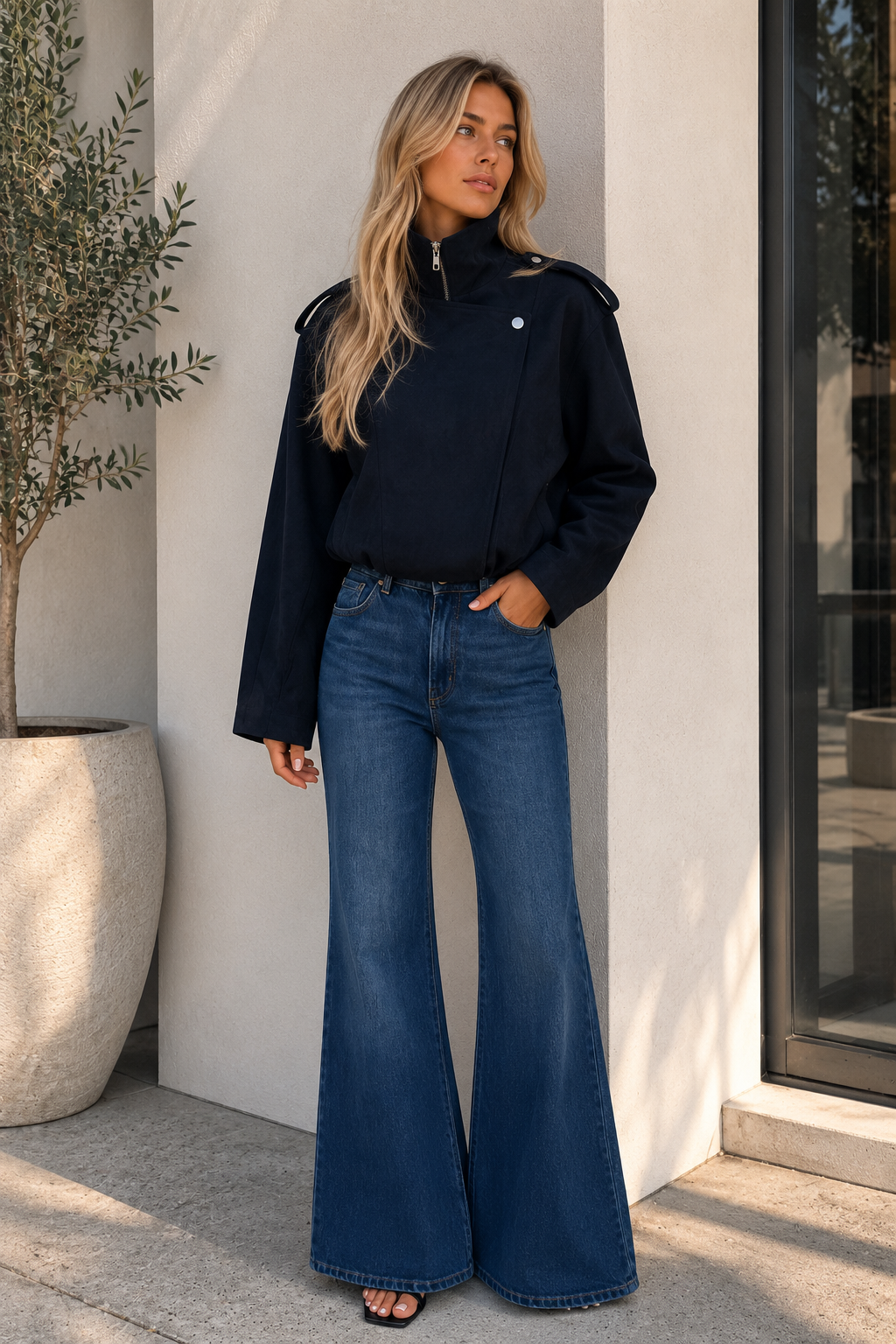 BY FRANKIE / NAVY FUNNEL NECK FAUX SUEDE JACKET / 777-4