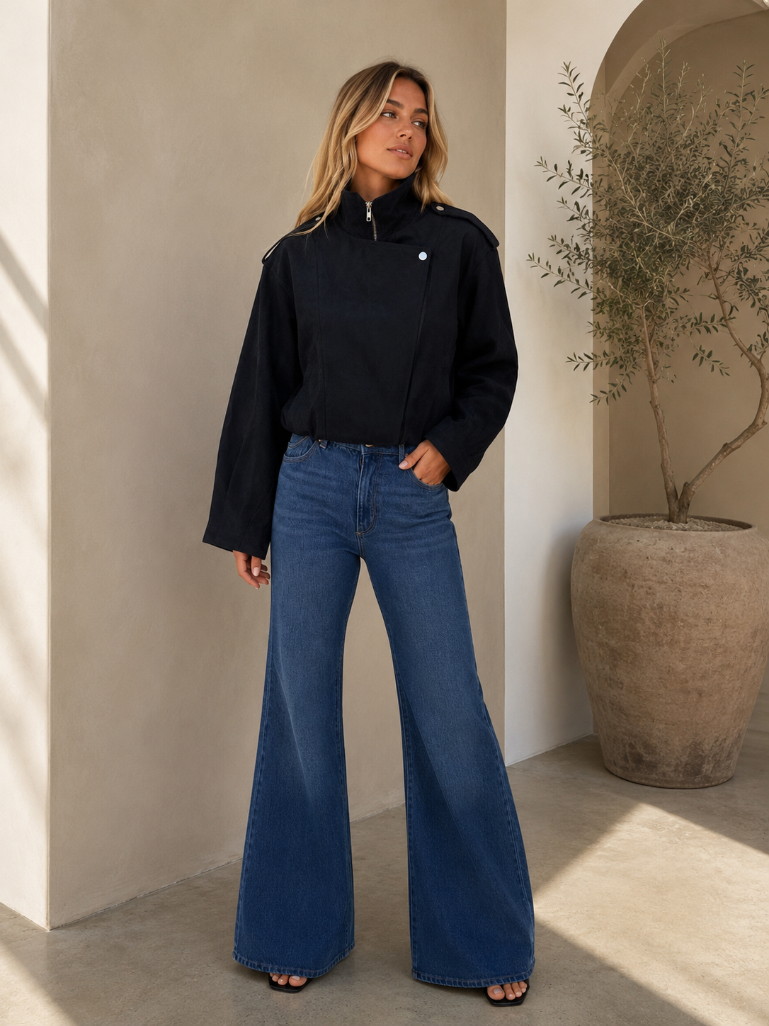 BY FRANKIE / BLACK FUNNEL NECK FAUX SUEDE JACKET / 777-1