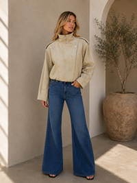 BY FRANKIE / BEIGE FUNNEL NECK FAUX SUEDE JACKET / 777-2