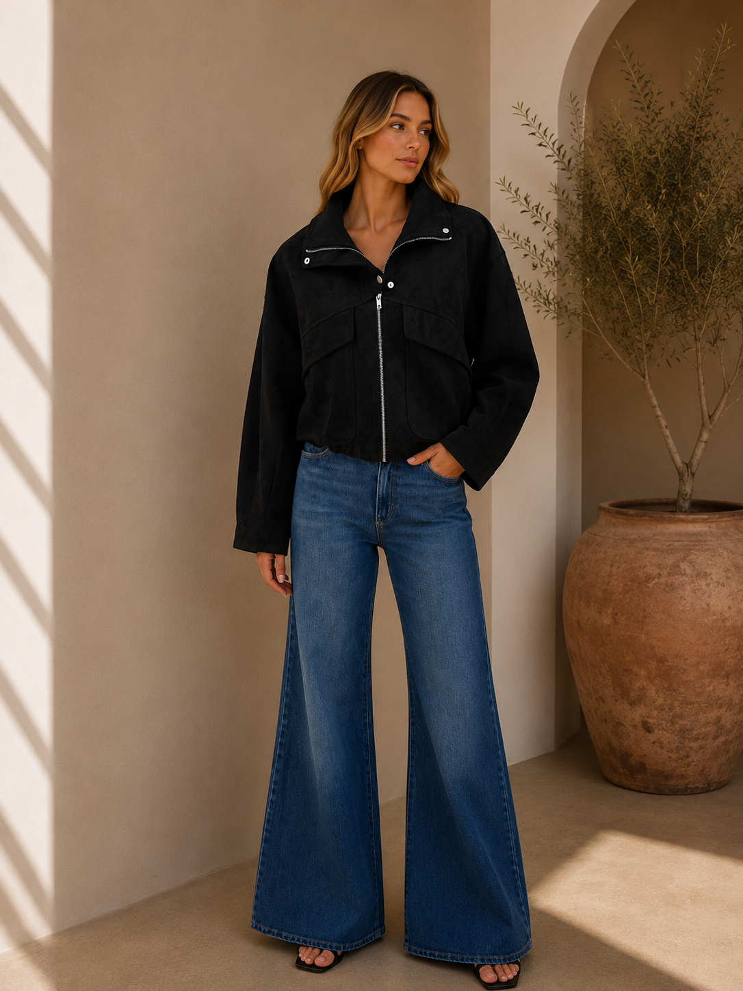 BY FRANKIE / BLACK FAUX SUEDE BOMBER JACKET / 796-1