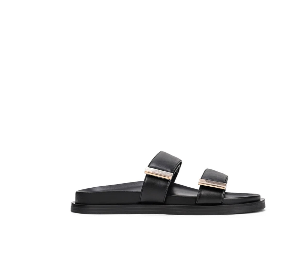 SIREN / LANCE FOOTBED SLIDES / BLACK LEATHER