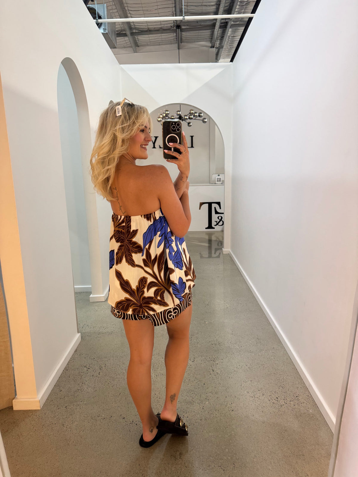 BY FRANKIE / CHOC - BLUE PALM STRAPLESS TOP / 739-15