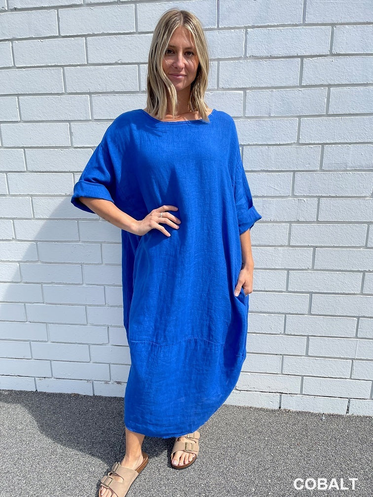 TULIP ITALIAN LINEN DRESS / COBALT