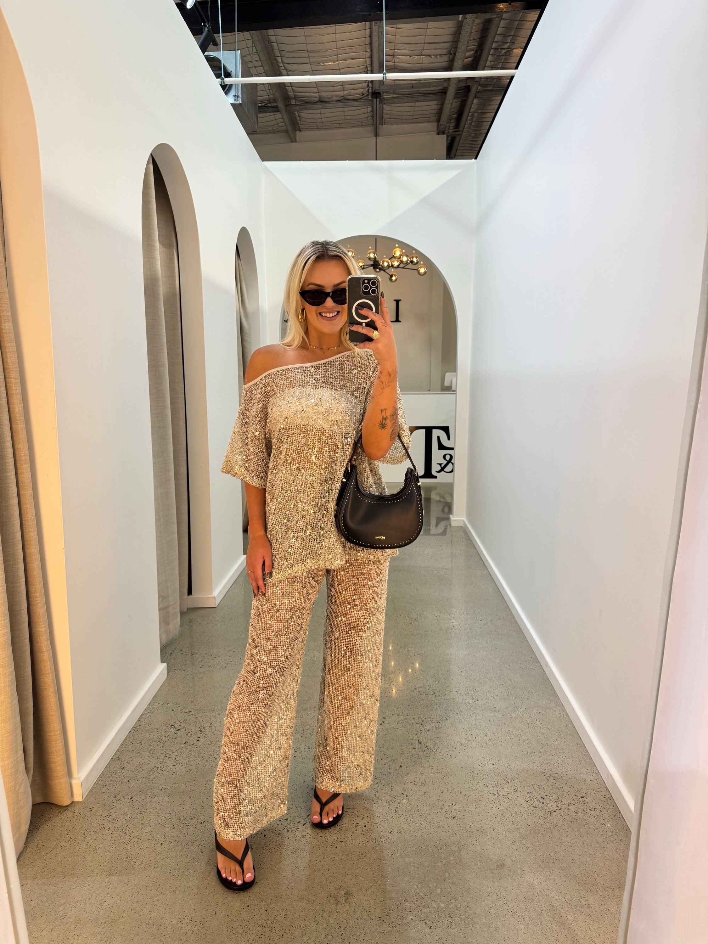 BY FRANKIE / BEIGE OFF SHOULDER OVERSIZED SEQUIN TOP / 836-2