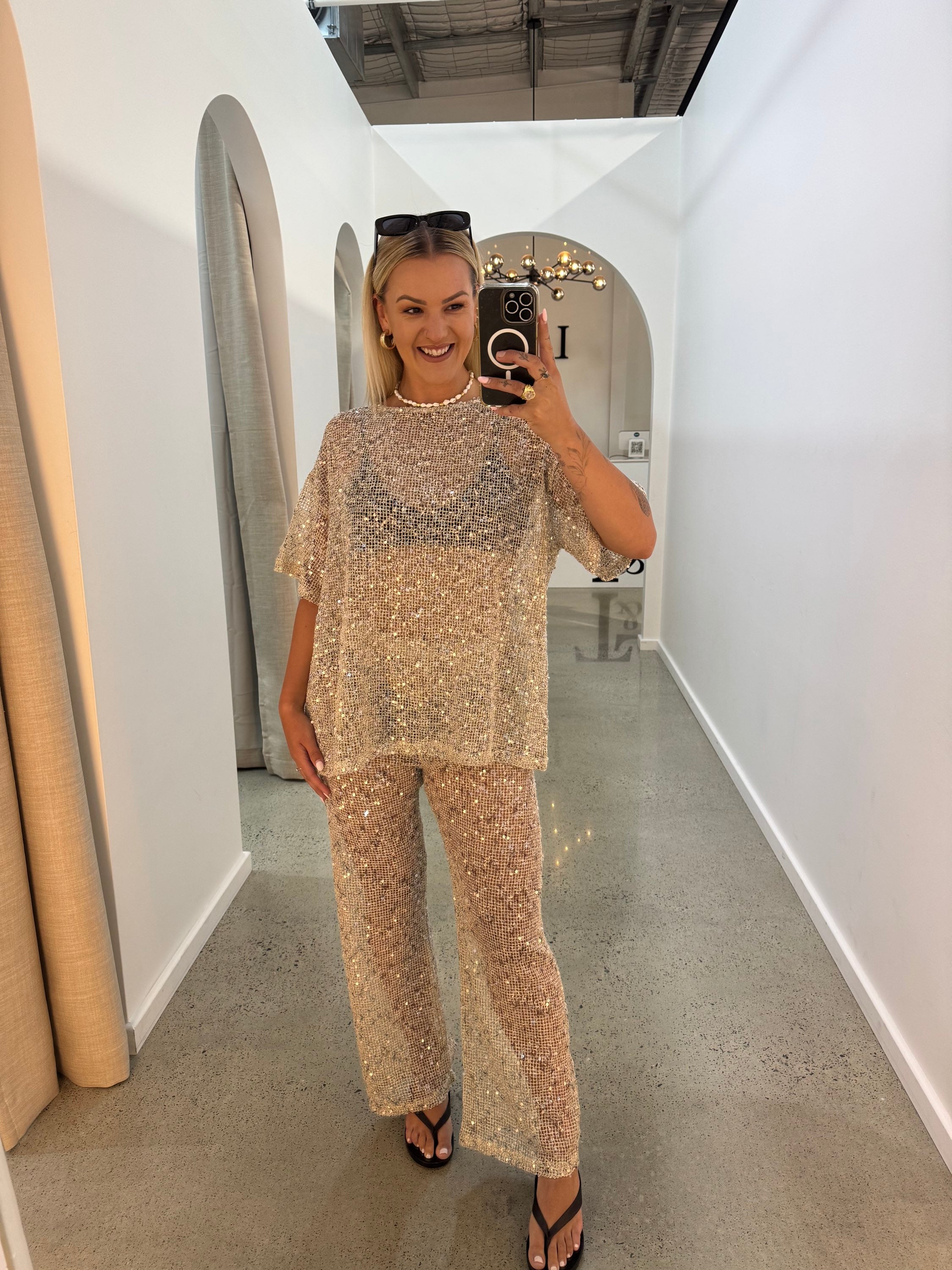 BY FRANKIE / SEQUINS KNIT PANT / BEIGE / 694-1