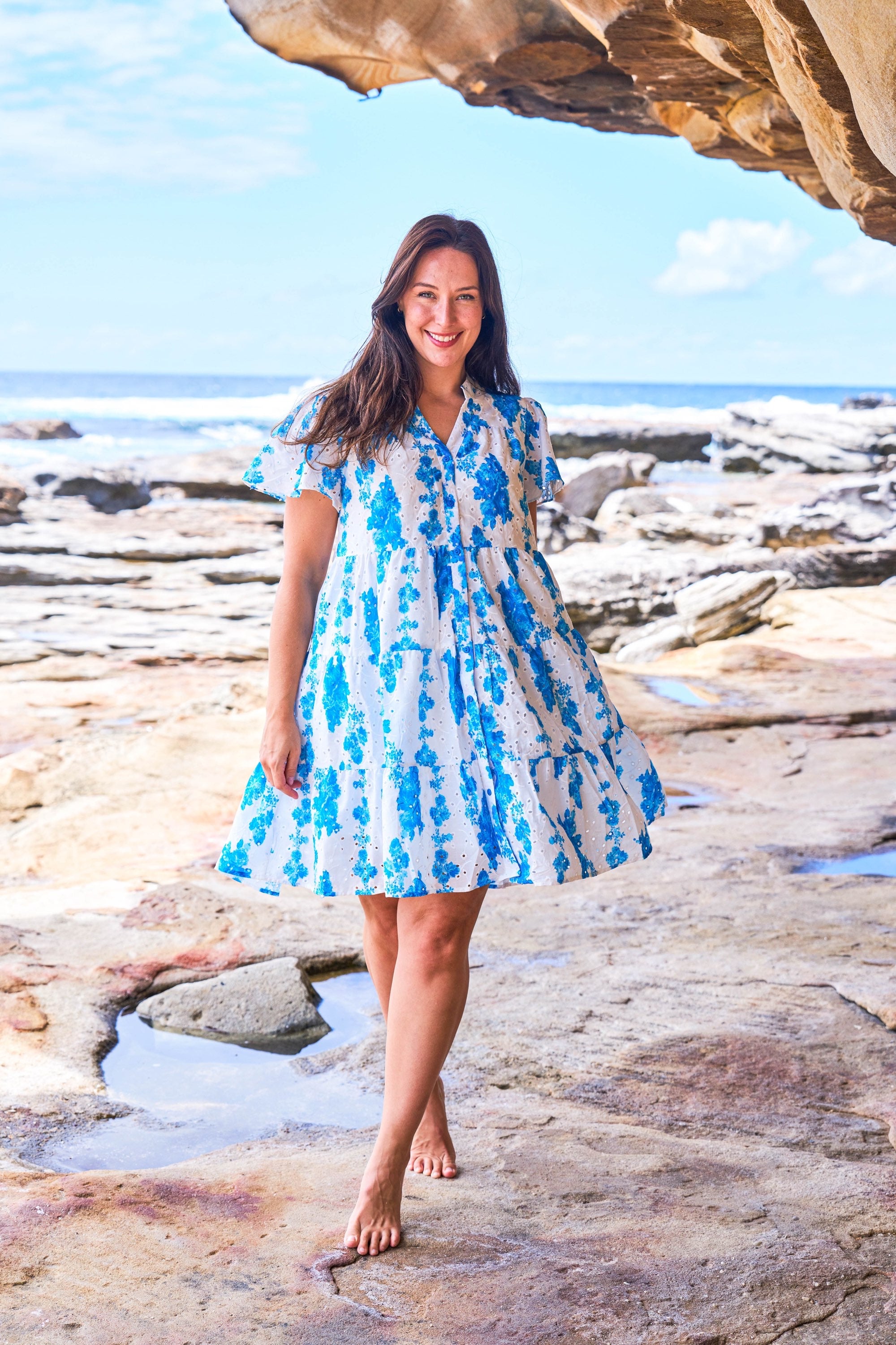 Denise Dress - White/blue
