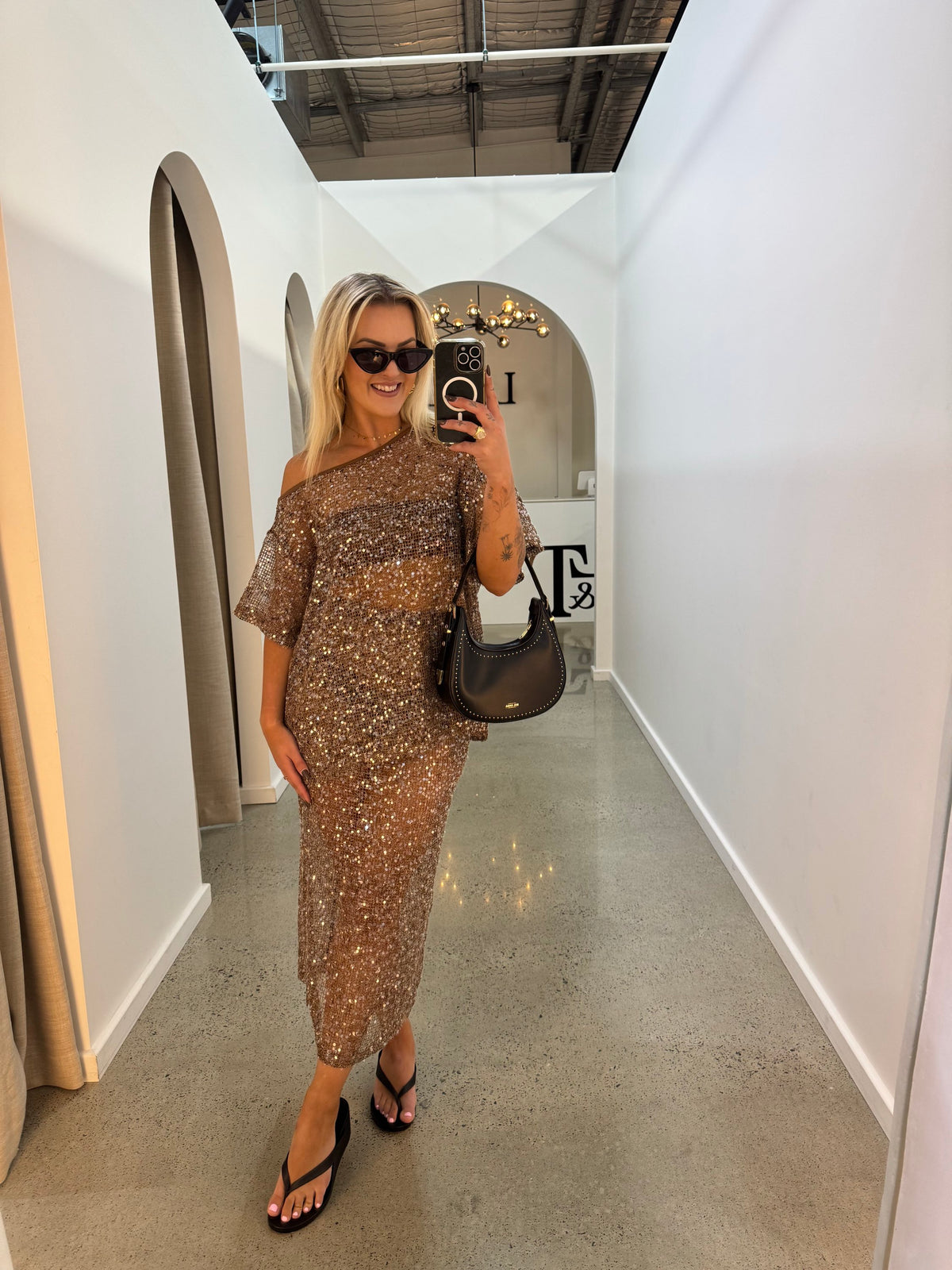 BY FRANKIE / MOCHA OFF SHOULDER OVERSIZED SEQUIN TOP / 836-1