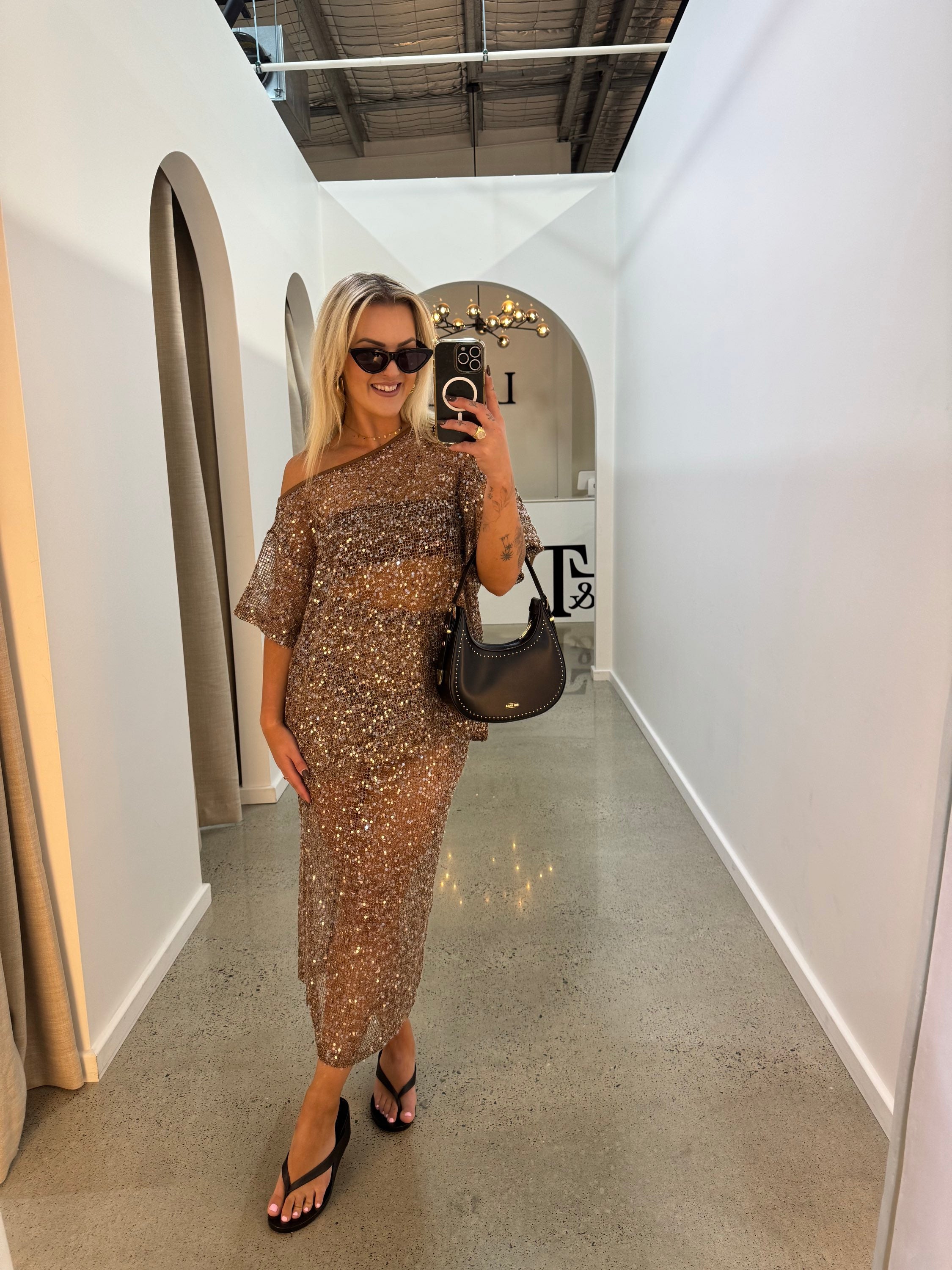 BY FRANKIE / MOCHA OFF SHOULDER OVERSIZED SEQUIN TOP / 836-1