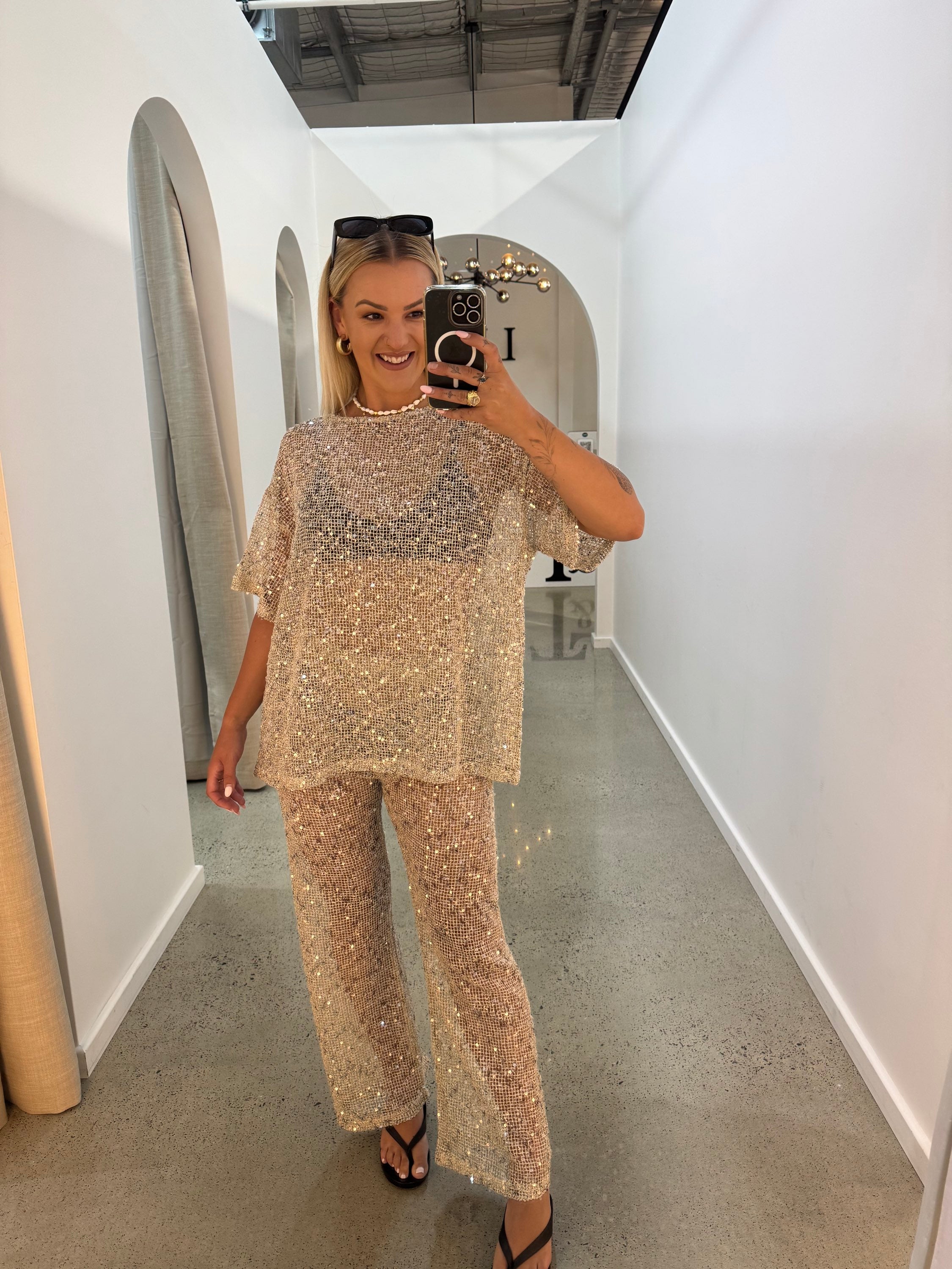BY FRANKIE / SEQUINS KNIT PANT / BEIGE / 694-1