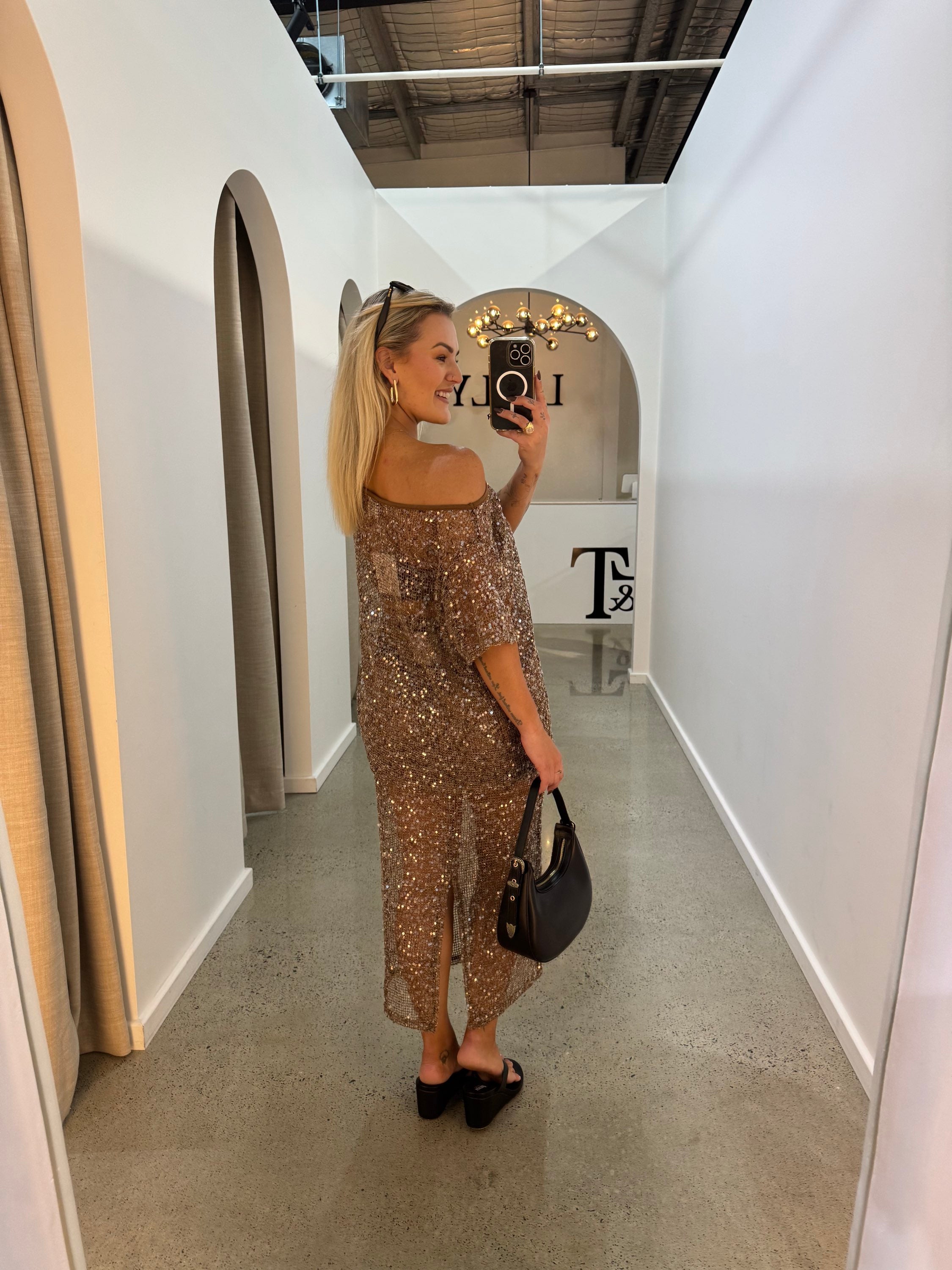 BY FRANKIE / MOCHA OFF SHOULDER OVERSIZED SEQUIN TOP / 836-1