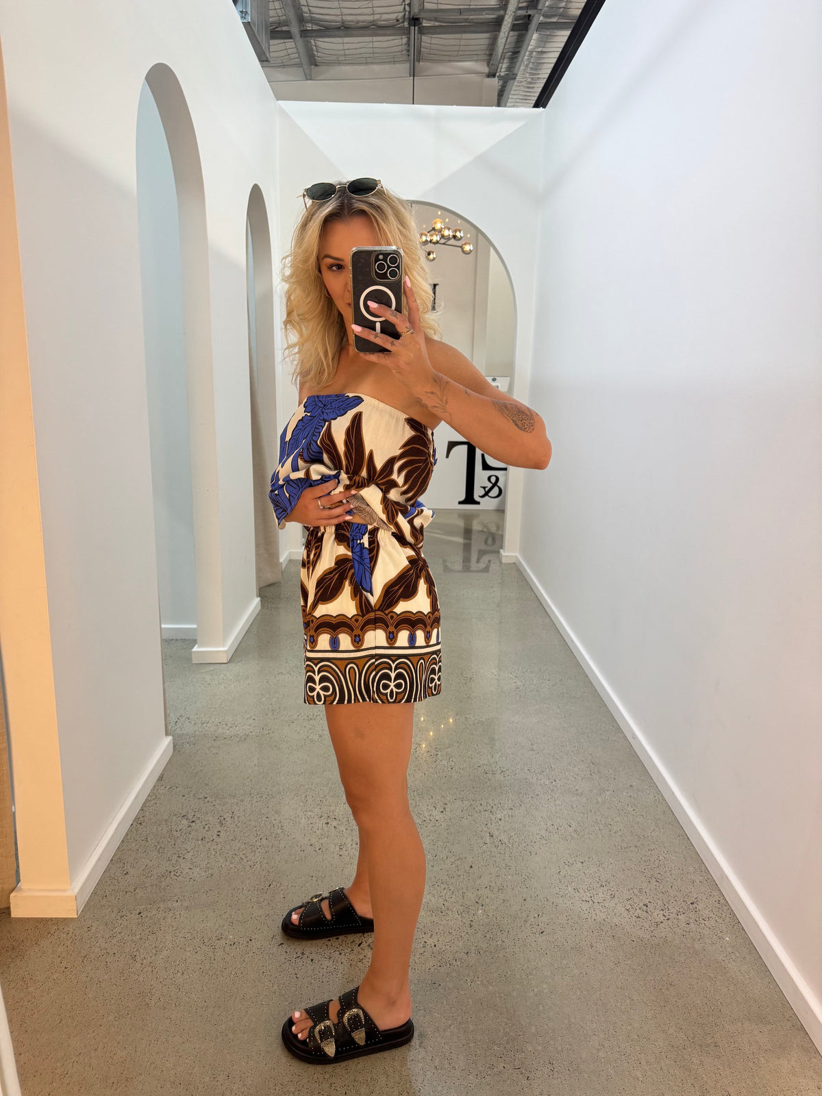 BY FRANKIE / CHOC - BLUE PALM STRAPLESS TOP / 739-15