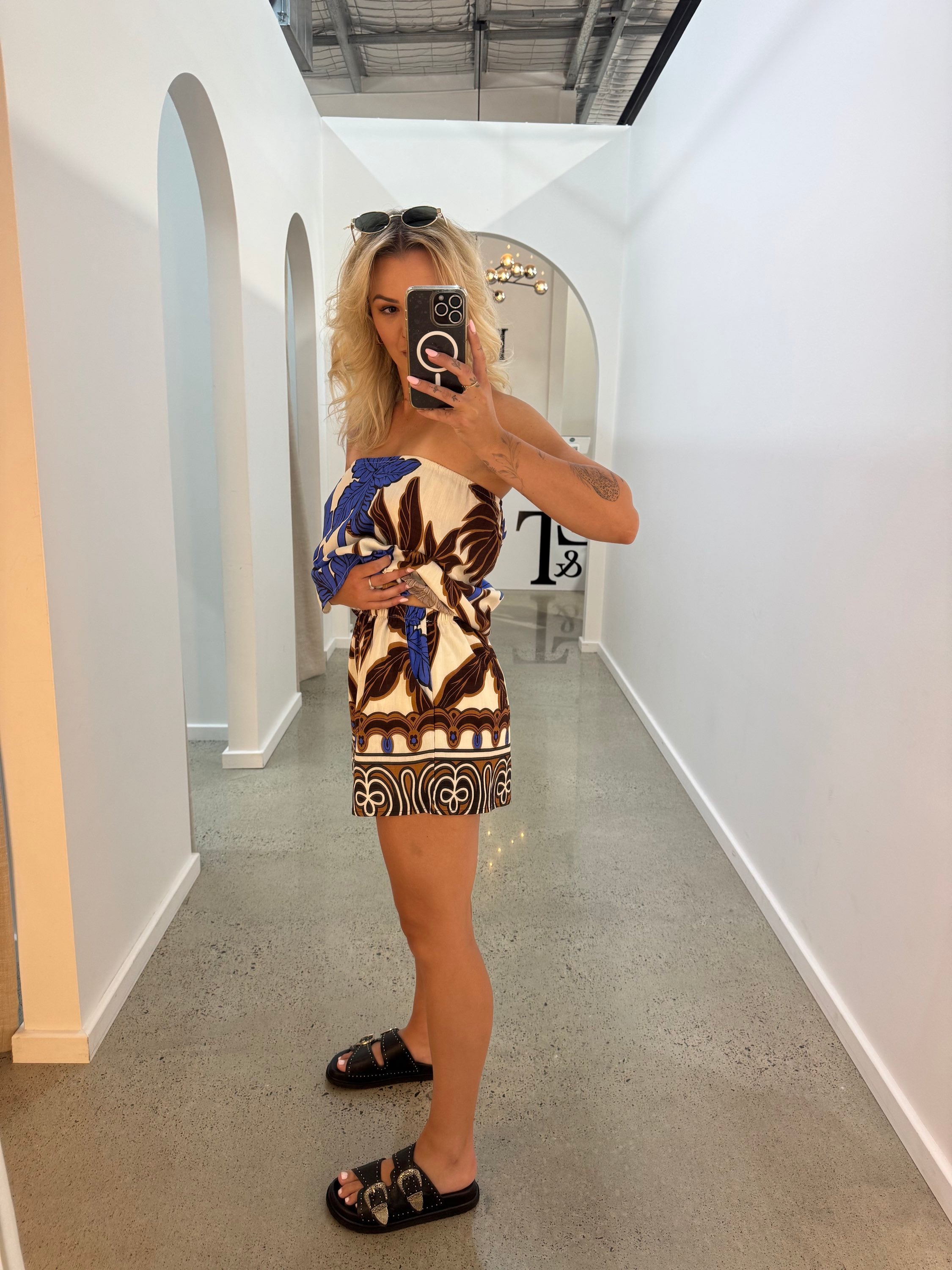 BY FRANKIE / CHOC - BLUE PALM STRAPLESS TOP / 739-15