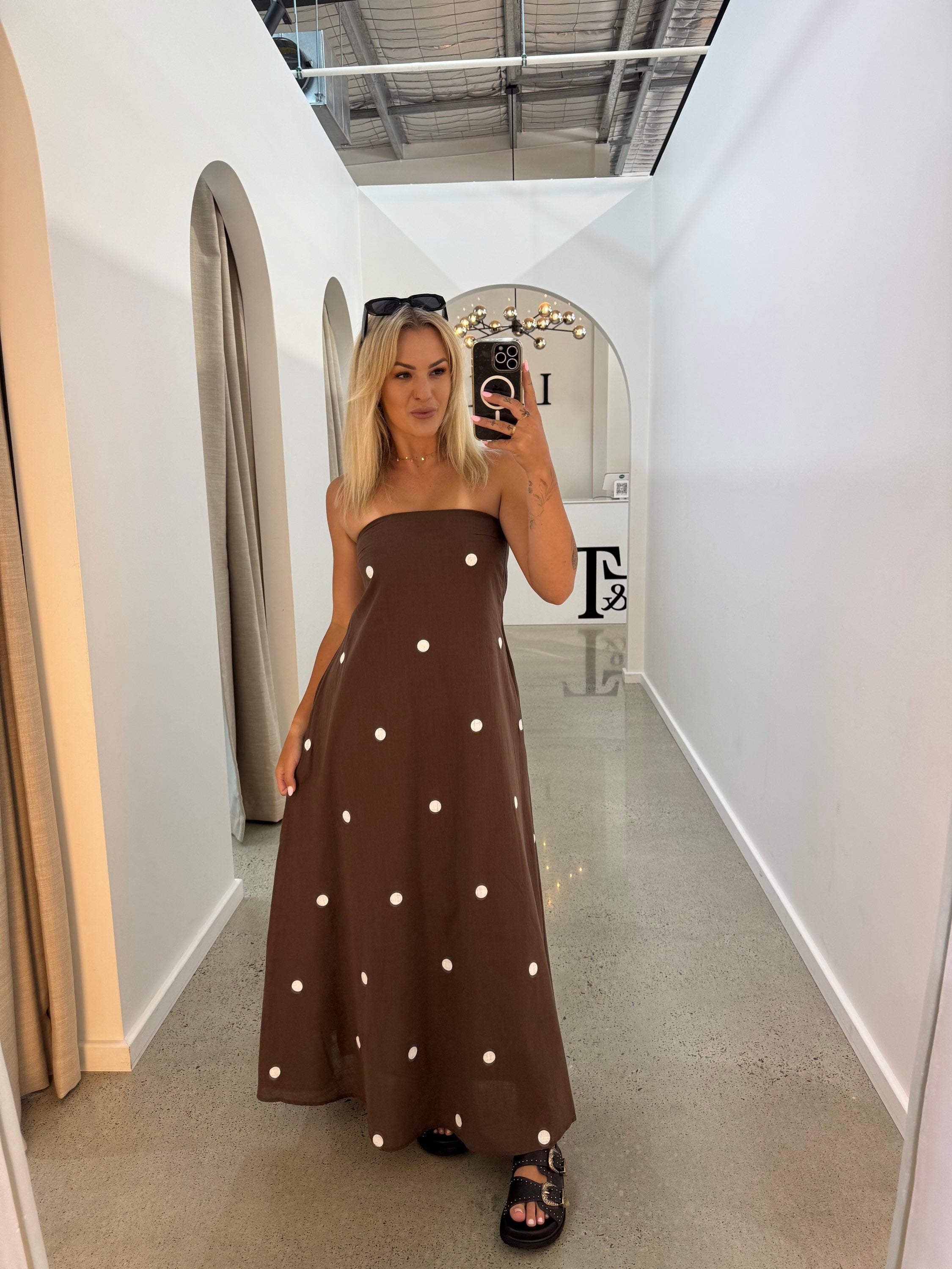 BY FRANKIE / CHOCOLATE POLKA STRAPLESS MAXI DRESS / 930-62