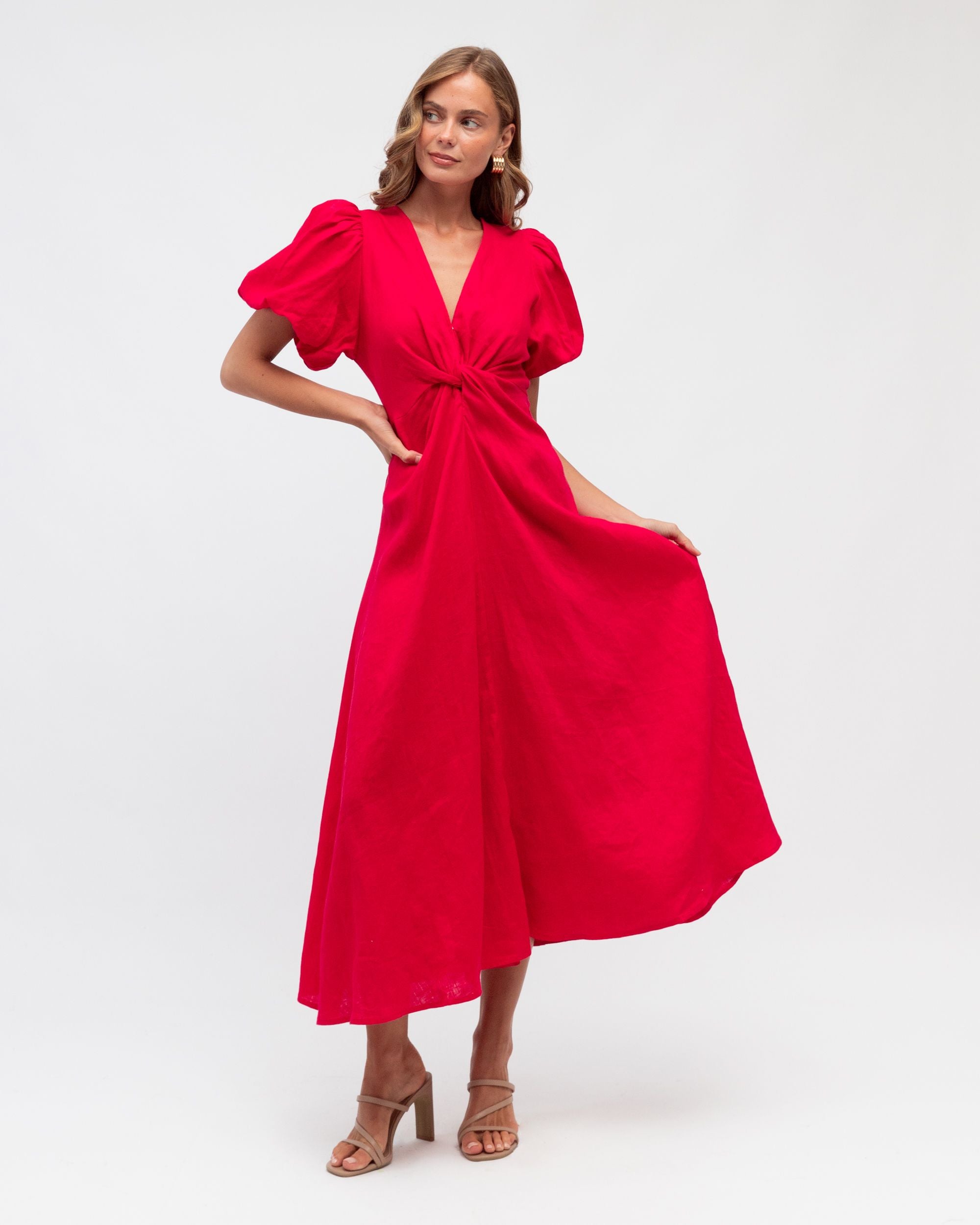 WHITE CLOSET / RED TWIST LINEN DRESS / TFL8545-27