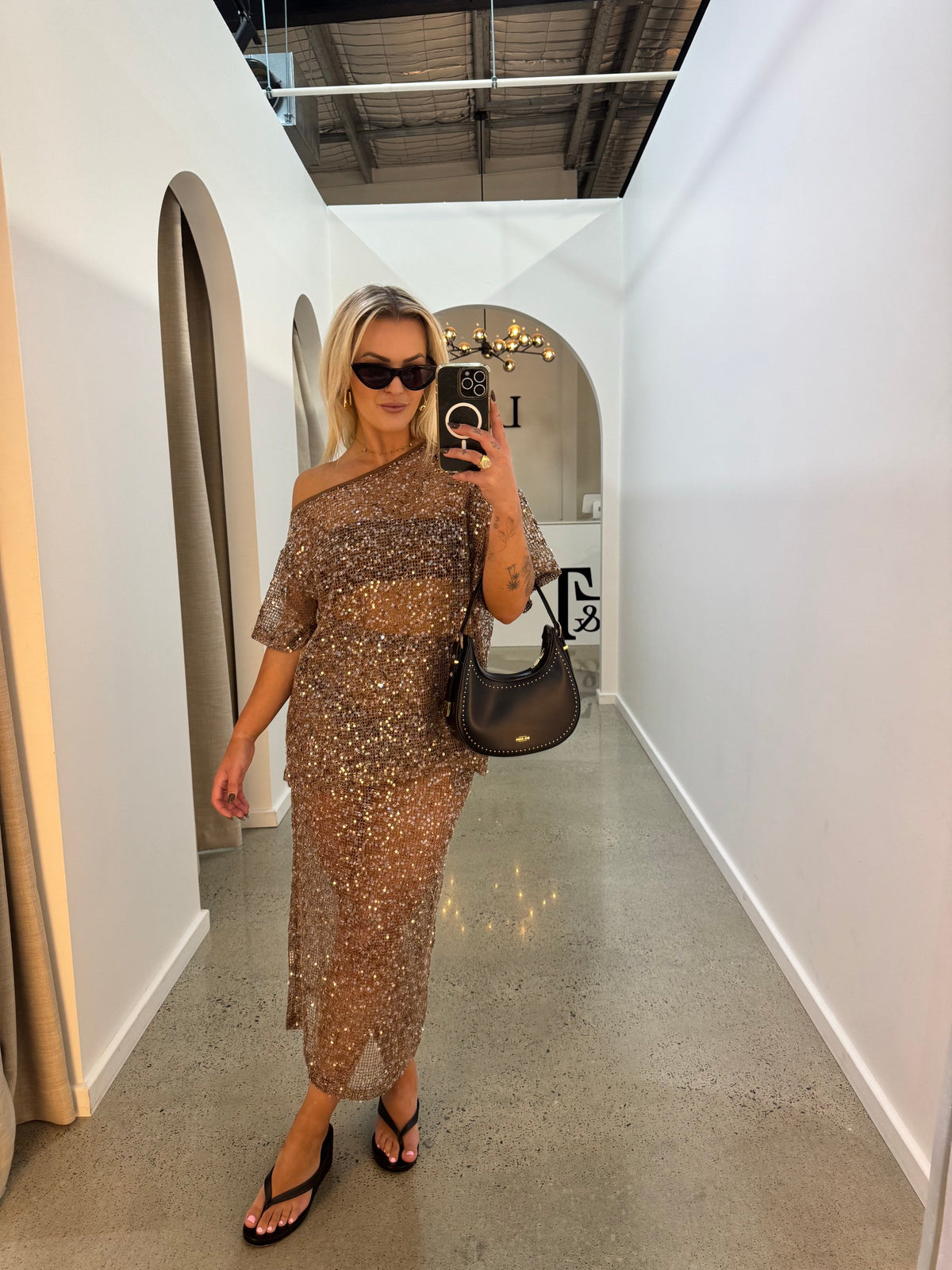 BY FRANKIE / MOCHA OFF SHOULDER OVERSIZED SEQUIN TOP / 836-1