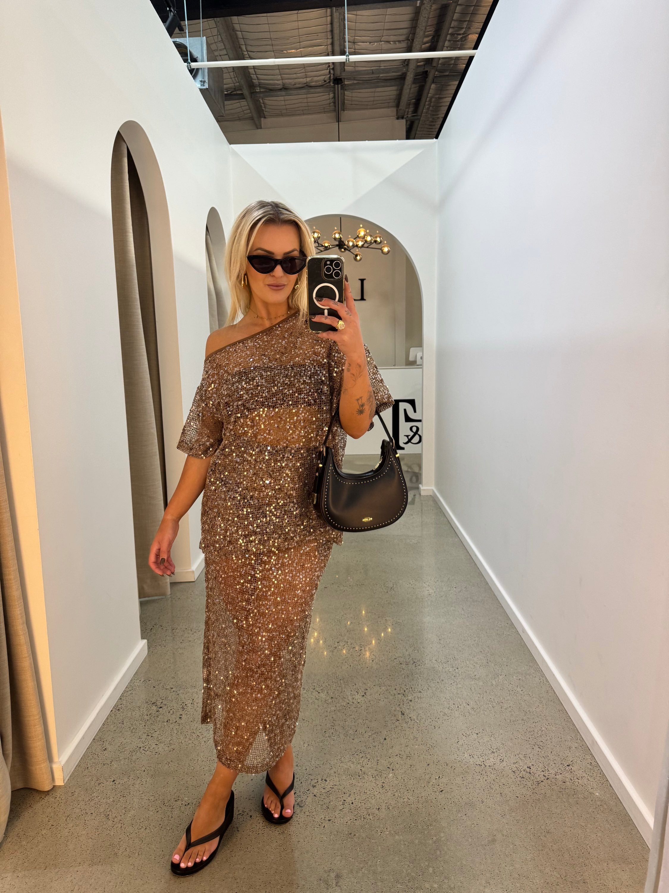 BY FRANKIE / MOCHA OFF SHOULDER OVERSIZED SEQUIN TOP / 836-1