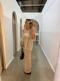 BY FRANKIE / BEIGE OFF SHOULDER OVERSIZED SEQUIN TOP / 836-2