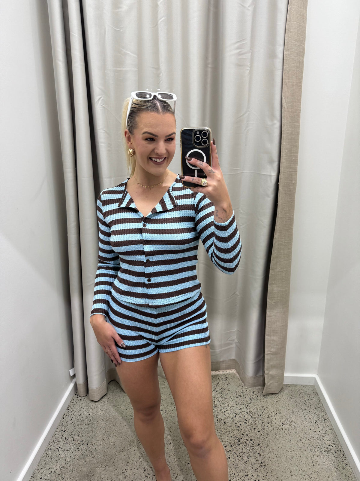 BY FRANKIE / BLUE/CHOC WAFFLE SHIRT / 835-1