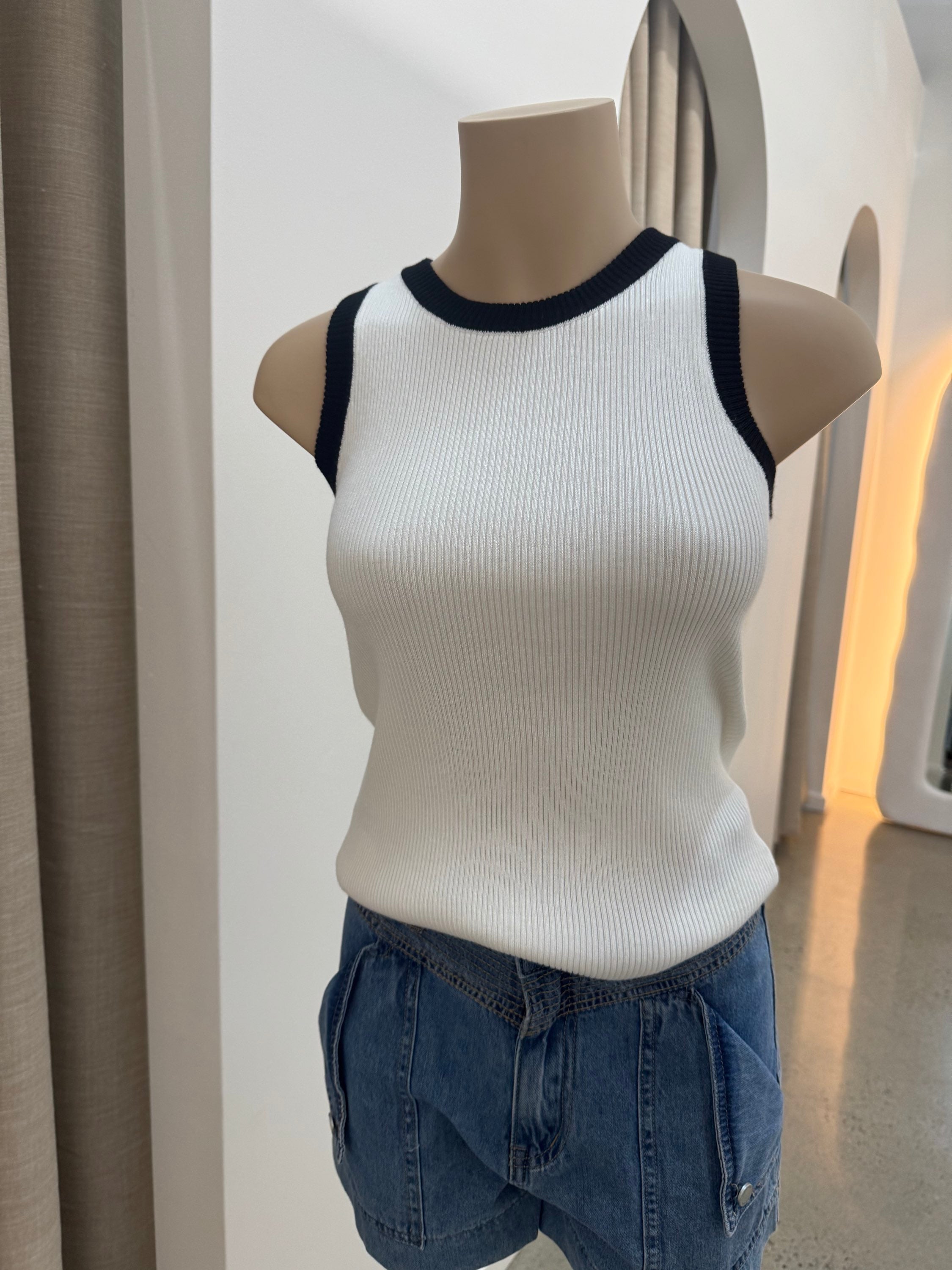 LITTLE LIES / RITA TANK /WHITE WITH BLACK TRIM