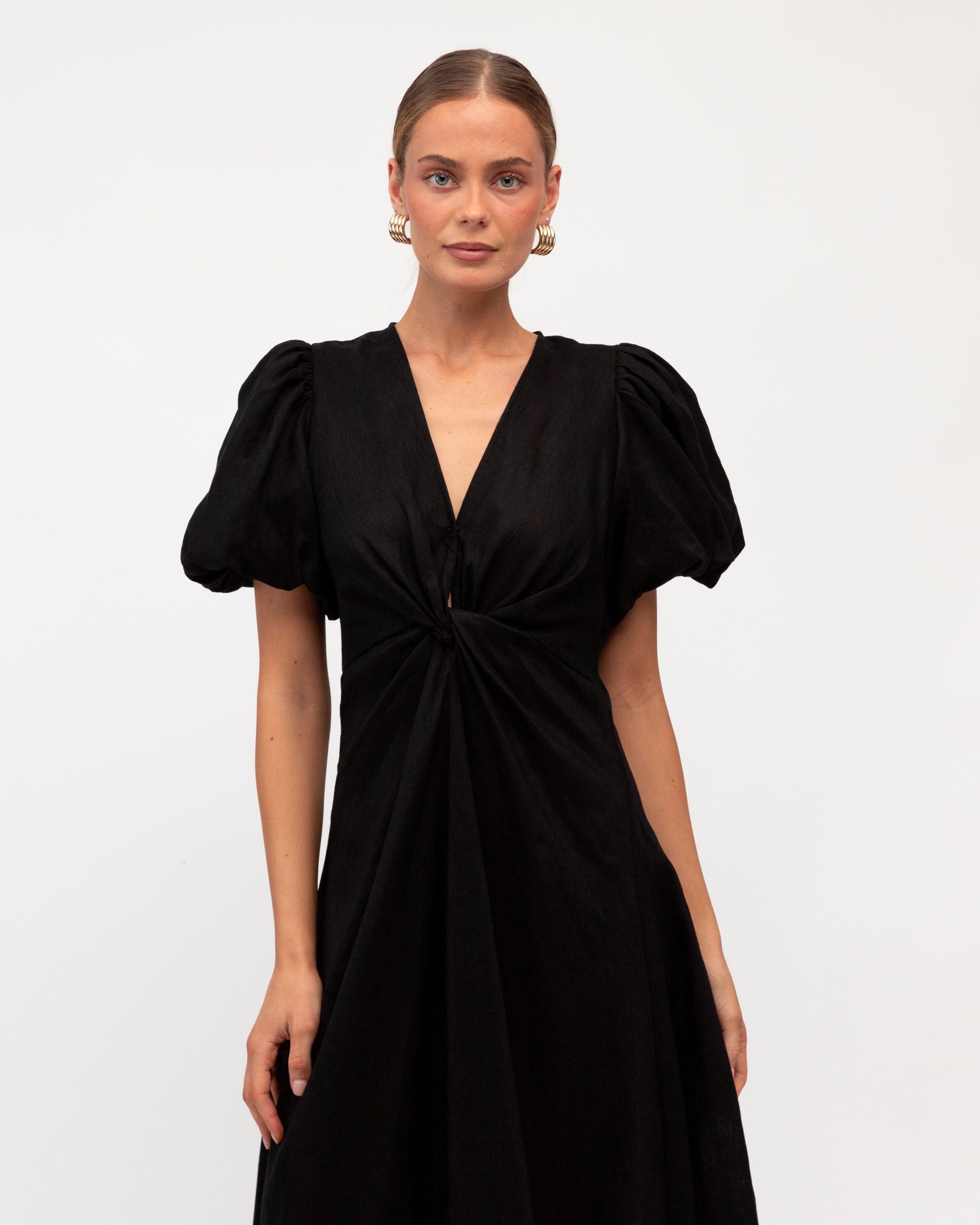 WHITE CLOSET / CHICA TWIST LINEN DRESS / BLACK / TFL8545-27