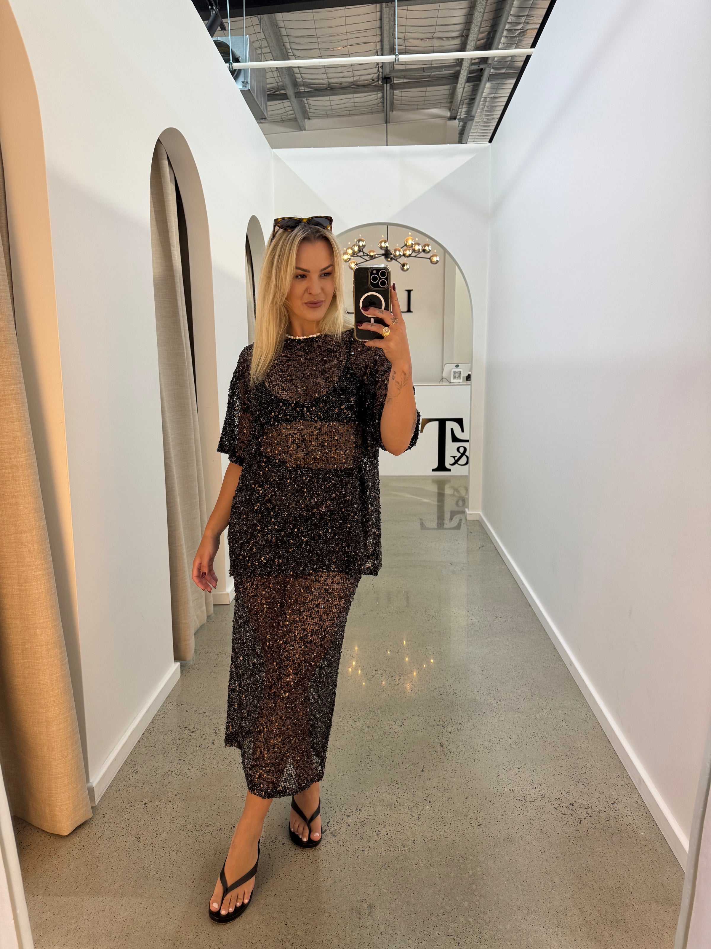 BY FRANKIE / SEQUINS KNIT SKIRT / BLACK  / 163-3