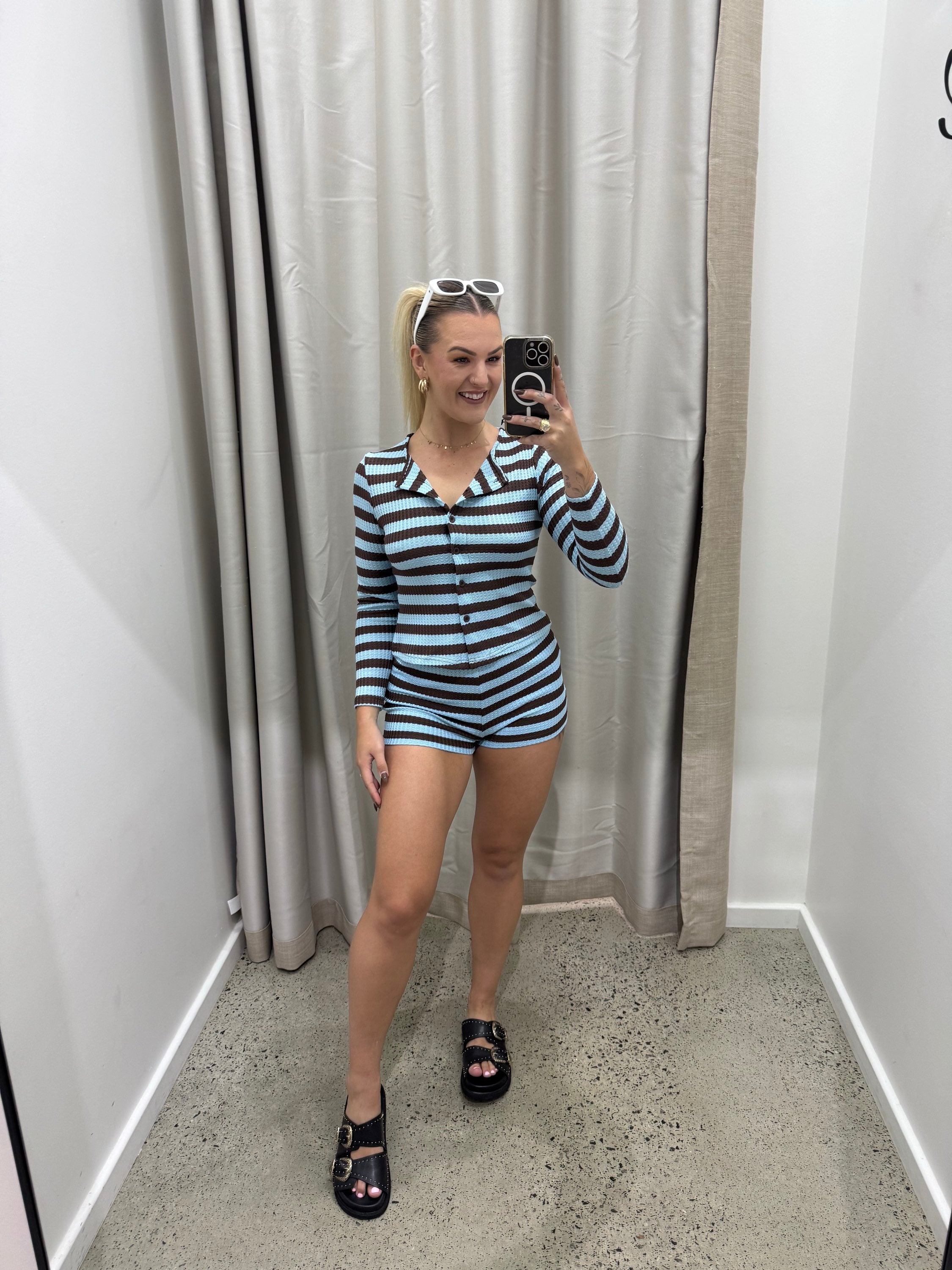 BY FRANKIE / BLUE/CHOC WAFFLE SHORTS / 835-1