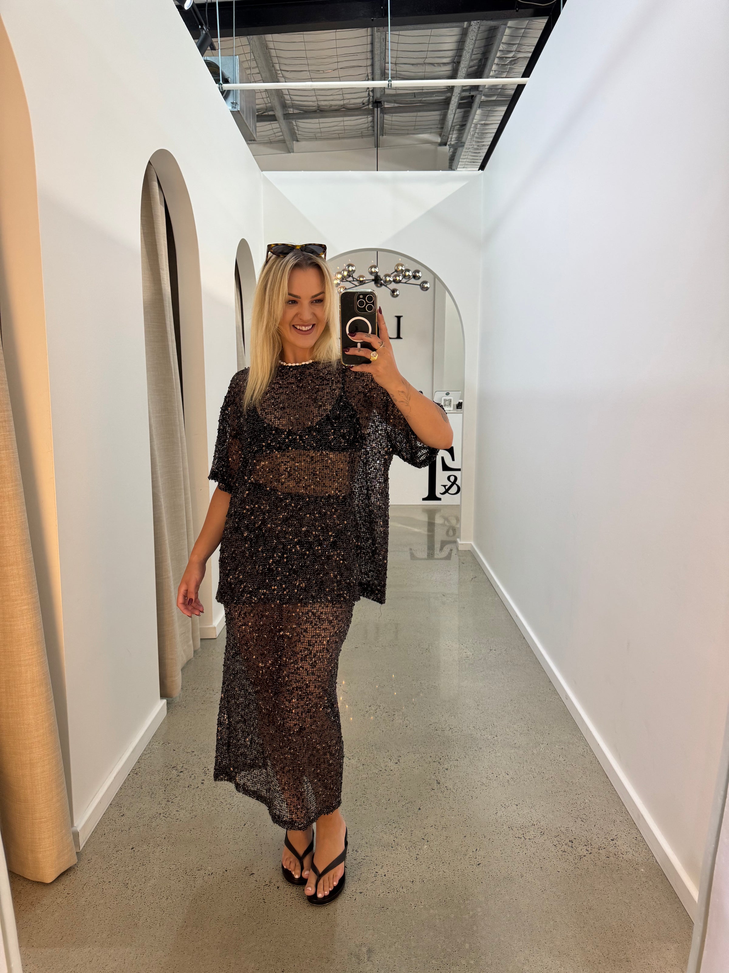 BY FRANKIE / SEQUINS KNIT SKIRT / BLACK  / 163-3