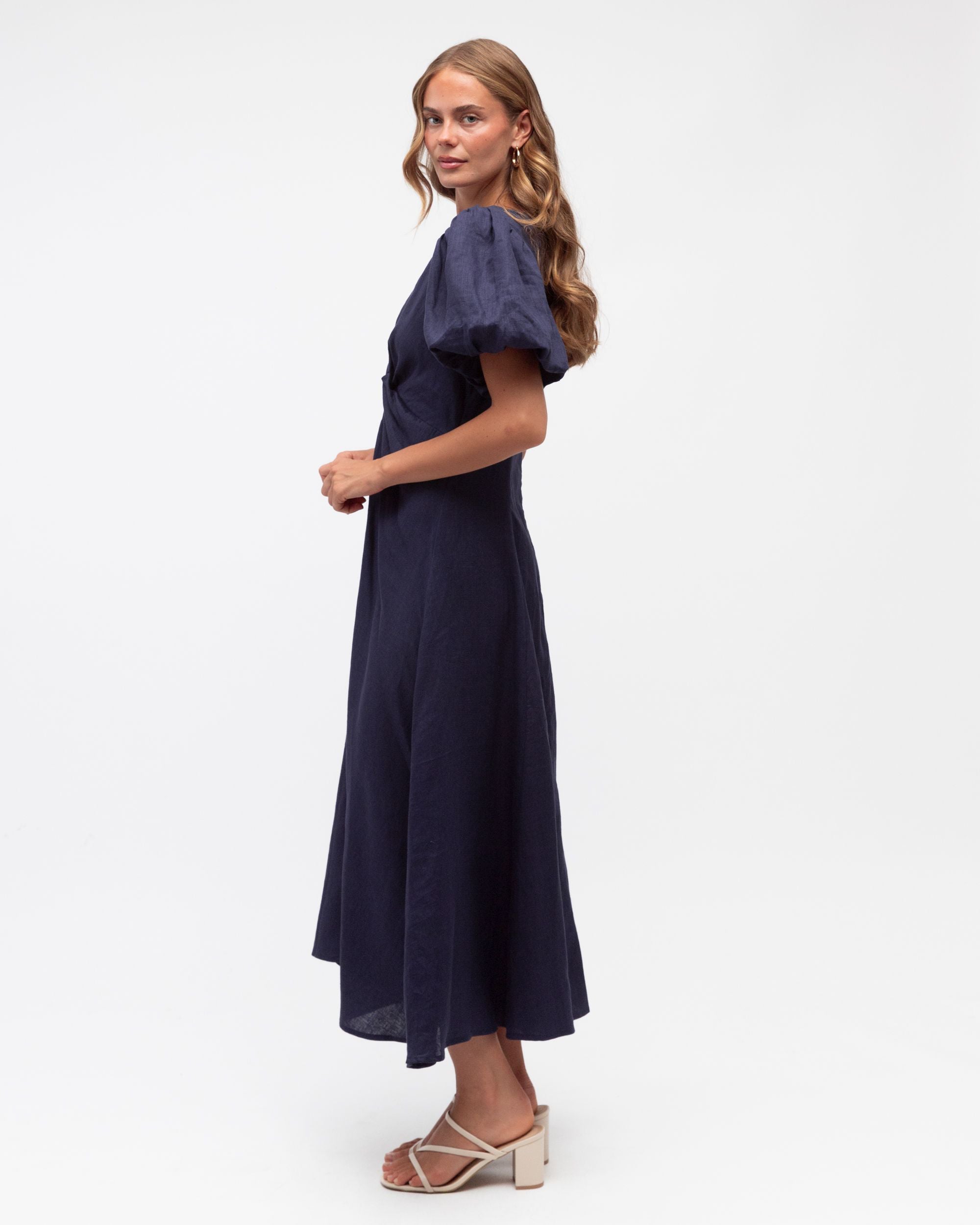 WHITE CLOSET / NAVY TWIST LINEN DRESS / TFL8545-27