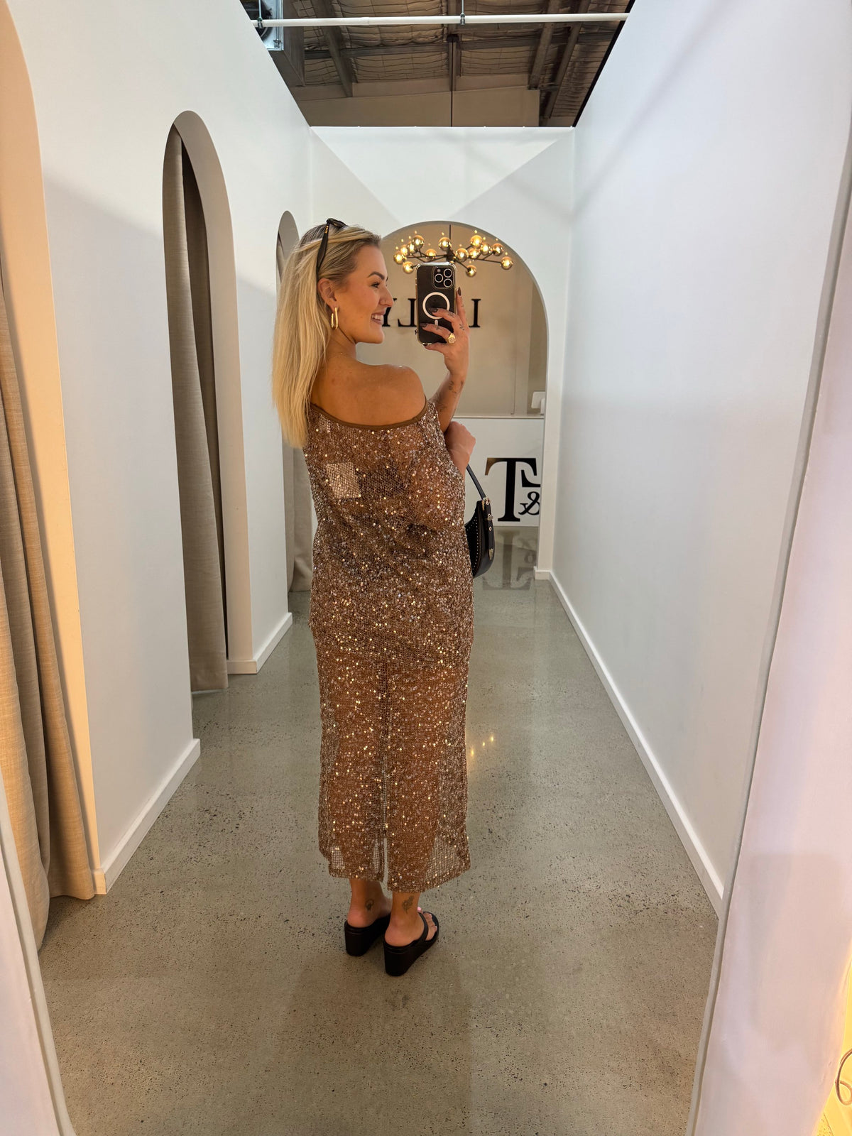 BY FRANKIE / MOCHA OFF SHOULDER OVERSIZED SEQUIN TOP / 836-1