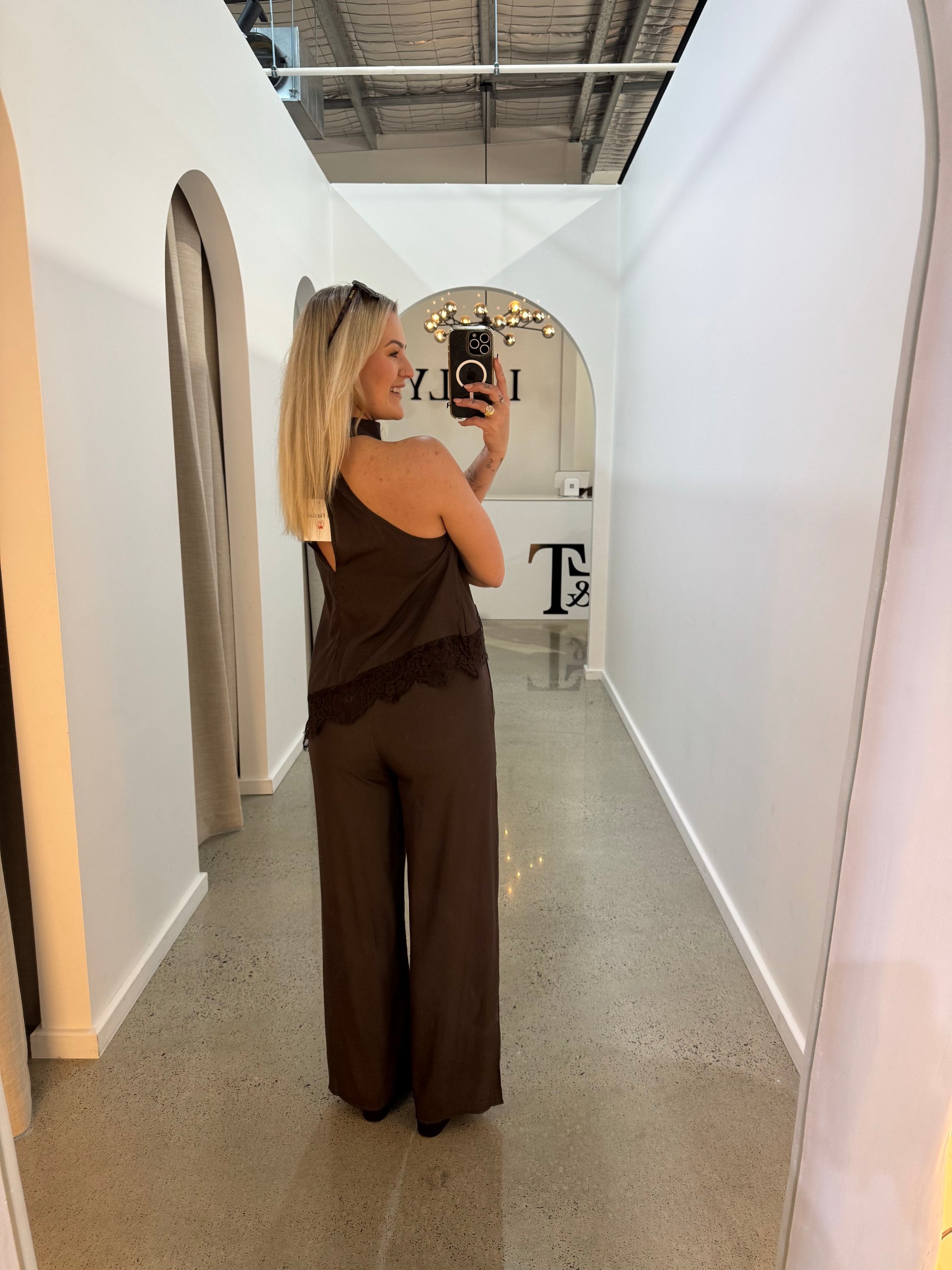 BY FRANKIE / MOCHA CUPRO HALTER NECK TOP / 202613-2