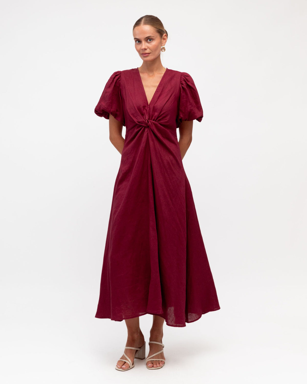 WHITE CLOSET / CHICA TWIST LINEN DRESS / MERLOT / TFL8545-27