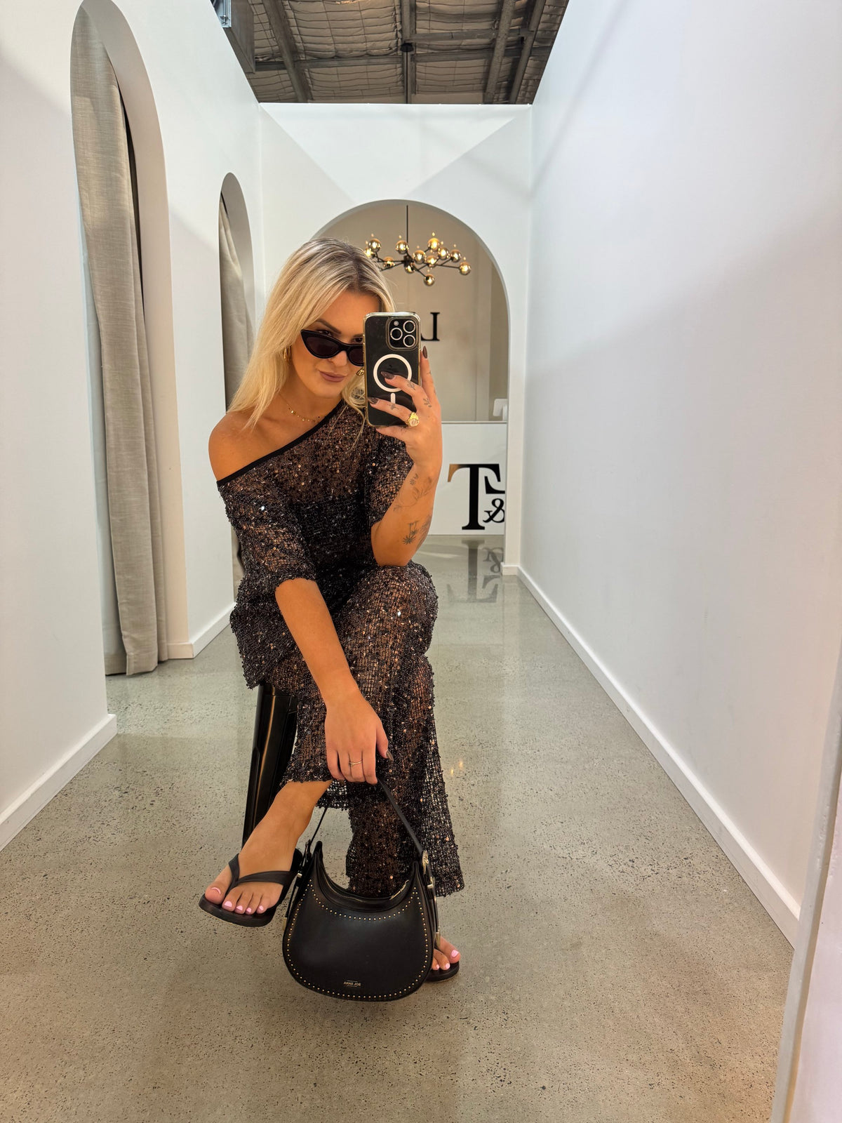 BY FRANKIE / BLACK OFF SHOULDER OVERSIZED SEQUIN TOP / 836-3