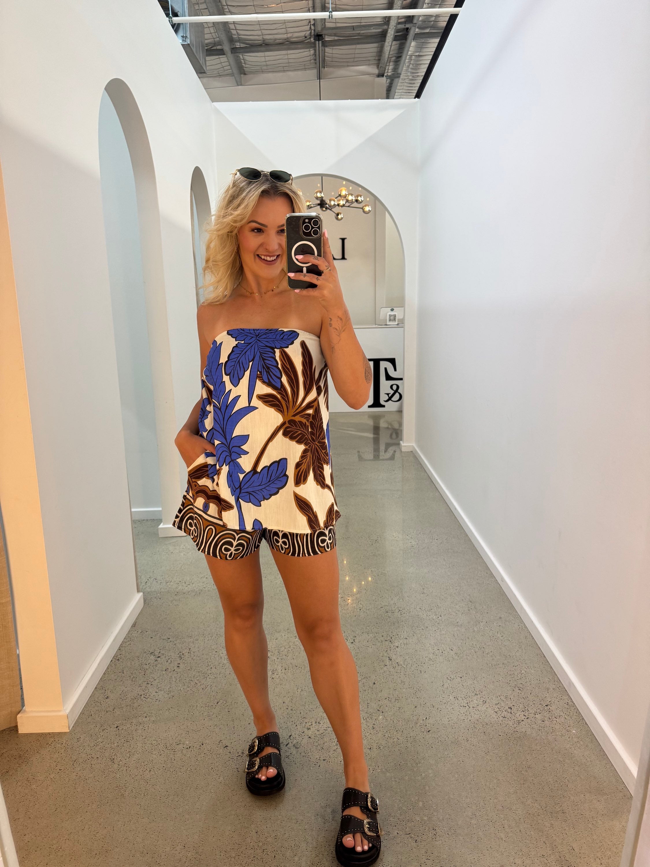 BY FRANKIE / CHOC - BLUE PALM STRAPLESS TOP / 739-15