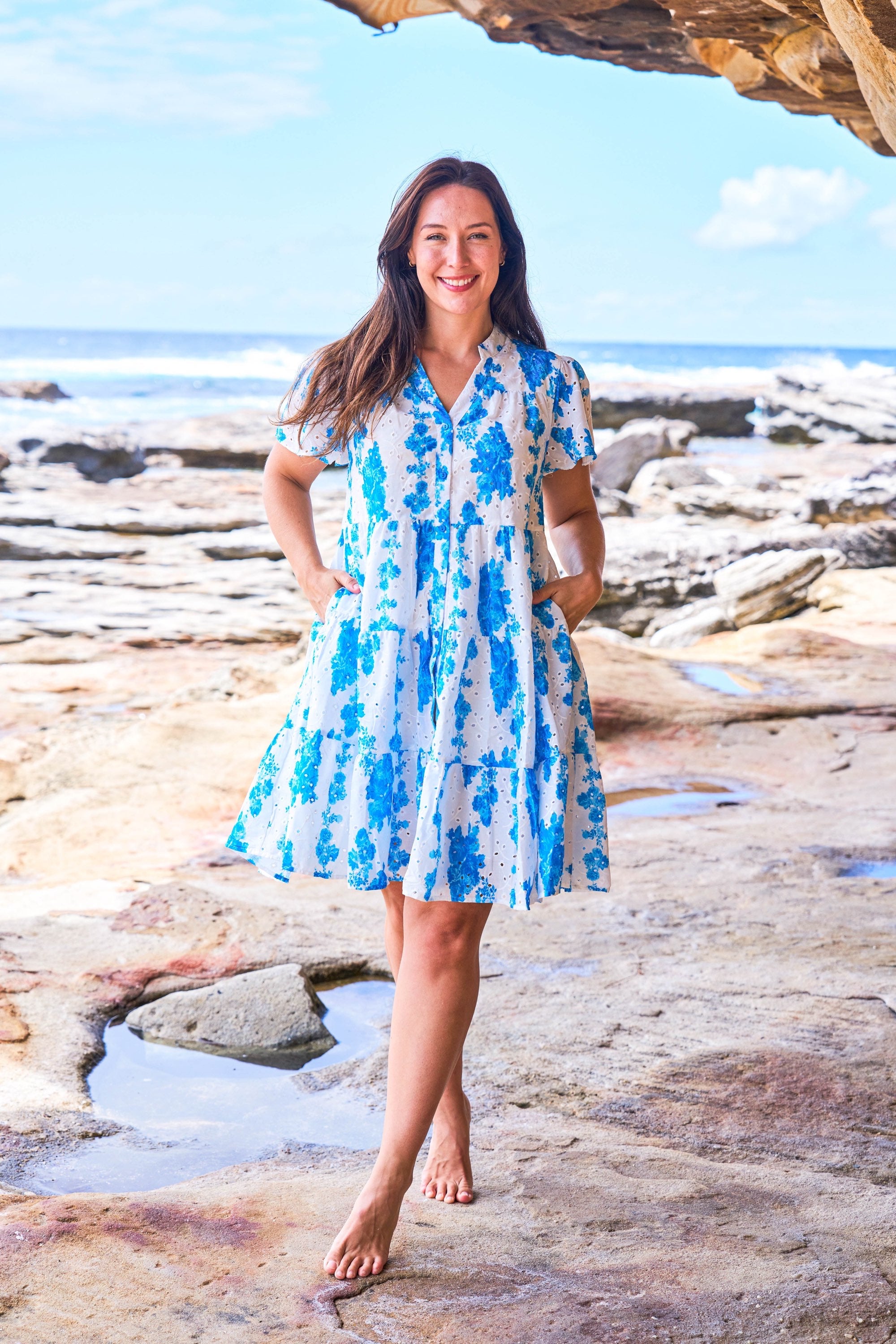 Denise Dress - White/blue