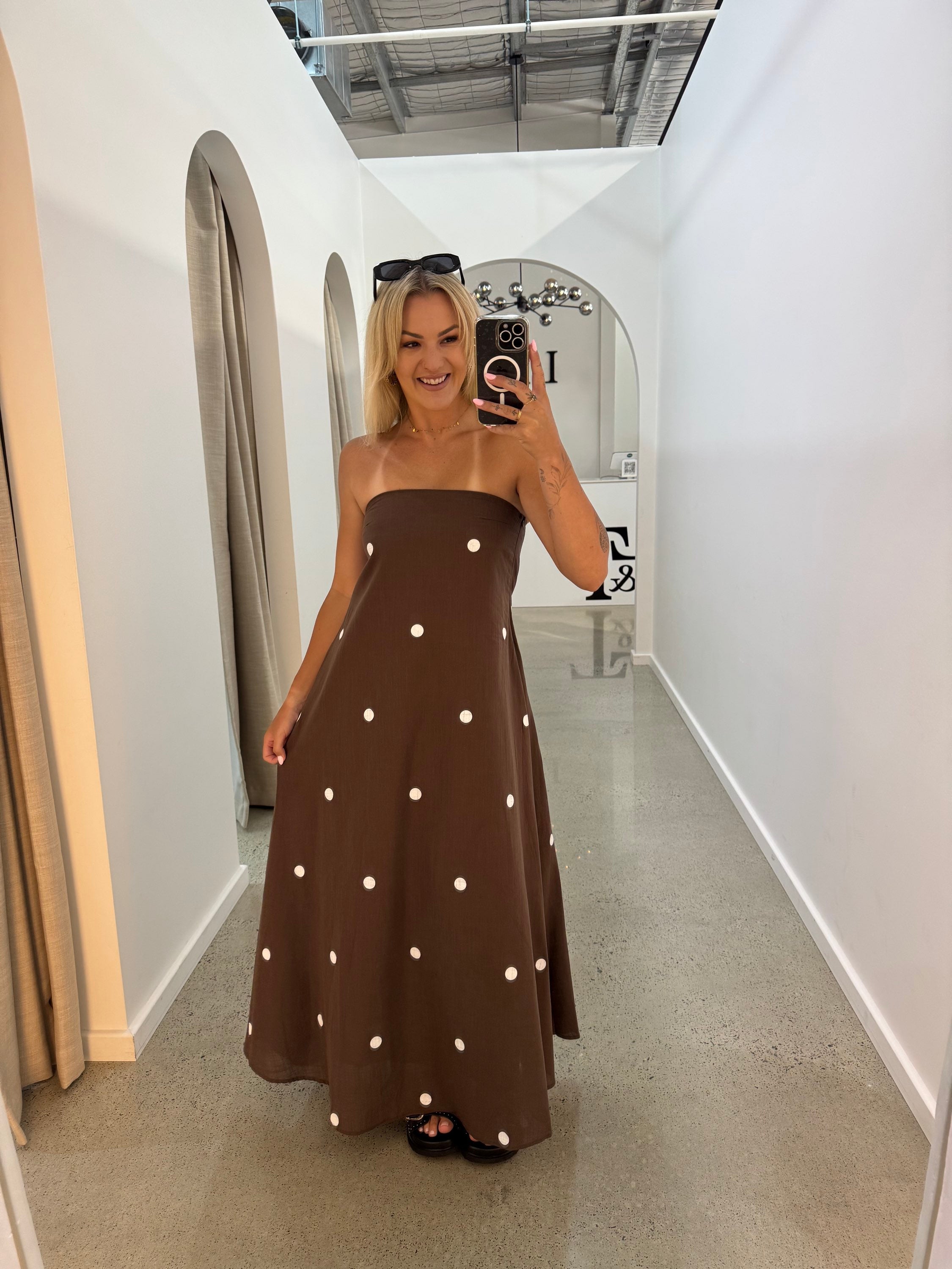 BY FRANKIE / CHOCOLATE POLKA STRAPLESS MAXI DRESS / 930-62