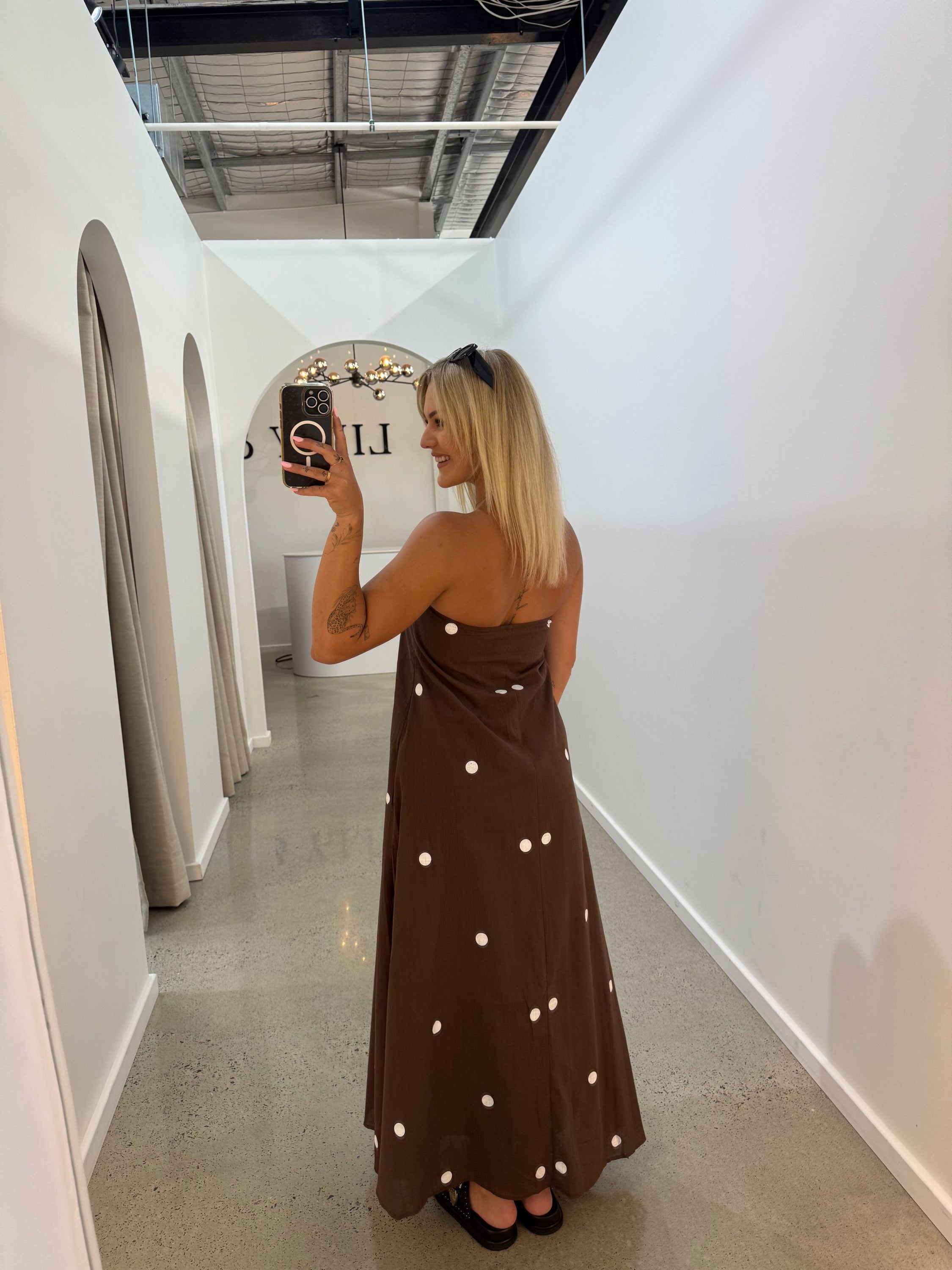 BY FRANKIE / CHOCOLATE POLKA STRAPLESS MAXI DRESS / 930-62