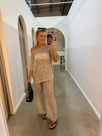 BY FRANKIE / BEIGE OFF SHOULDER OVERSIZED SEQUIN TOP / 836-2