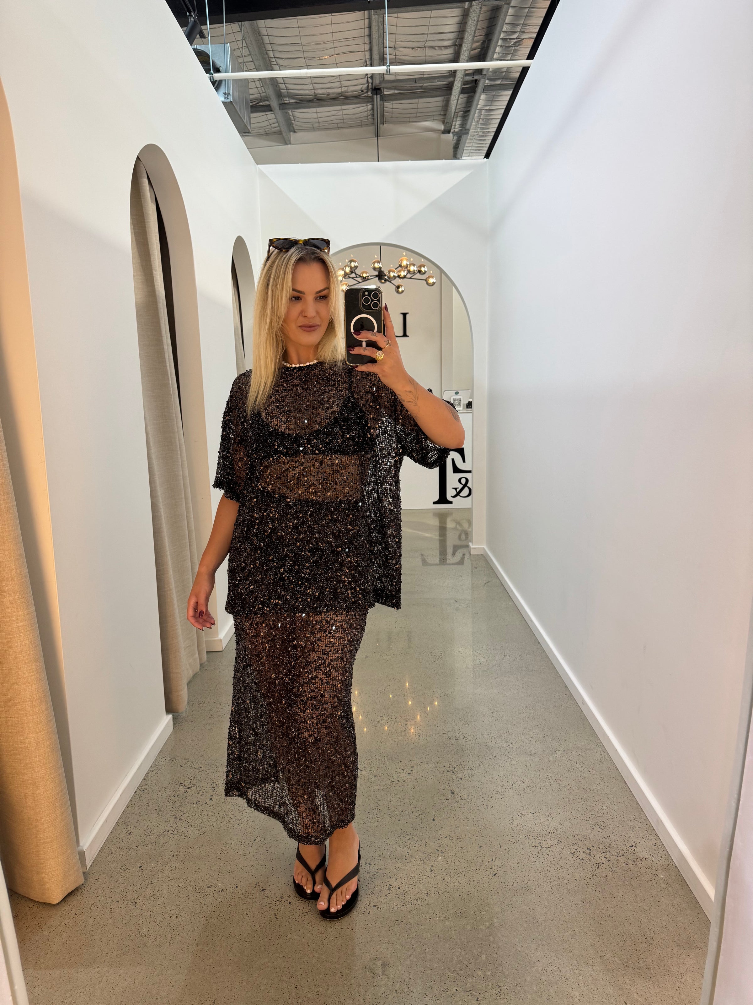 BY FRANKIE / SEQUINS KNIT SKIRT / BLACK  / 163-3