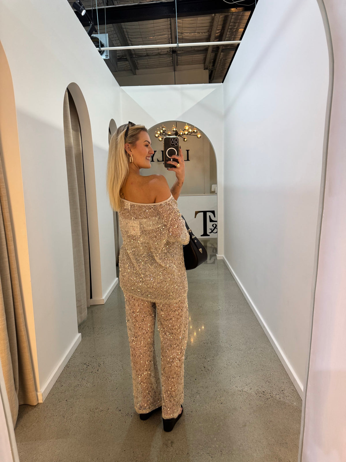 BY FRANKIE / BEIGE OFF SHOULDER OVERSIZED SEQUIN TOP / 836-2